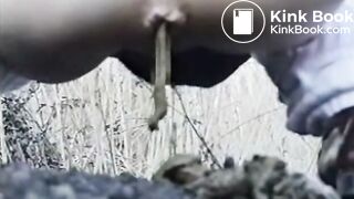 Asian school girl back yard shit