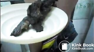 Sexy model shits in a bowl