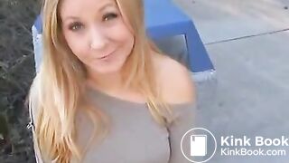Hot blonde taking a shit outside in public