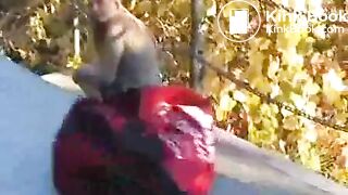 Hot blonde taking a shit outside in public