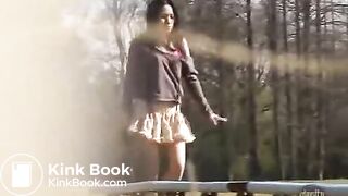 Desperate pretty Japanese girl pissing and pooping outdoor while sick dude filming