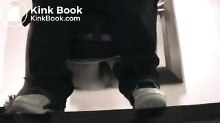 Very hot brunette girl pissing and farting in a public toilet