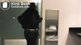 Very hot brunette girl pissing and farting in a public toilet