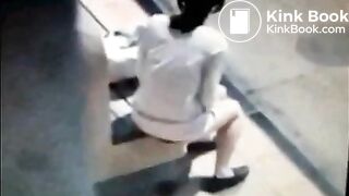 Disgusting bitch takes a shit on a bus stop bench