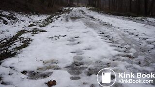 Skinny girl poops in the road