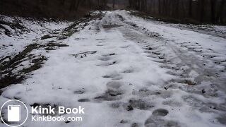 Skinny girl poops in the road