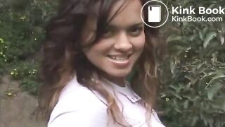 beautiful girl shits in the woods