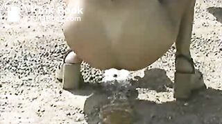 Brunette poops outdoor