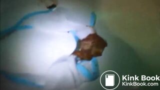 Flat breast girl shit and piss on the blue panty