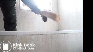 Girl in leather trousers poops  in her bathtub