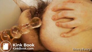 Hairy lady's shitty anal dildo play