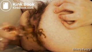 Hairy lady's shitty anal dildo play