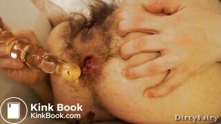 Hairy lady's shitty anal dildo play