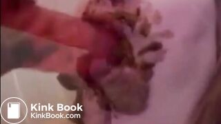 Dirty girl sucking and licking a shitty dildo