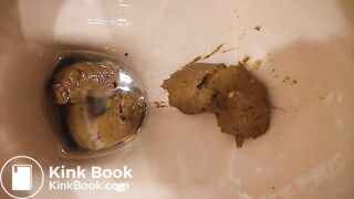 Powerful pee and big poo in toilet