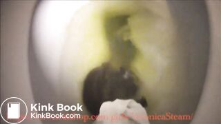 Veronica dropping giant logs into her toilet