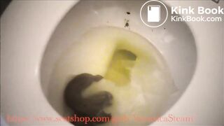 Veronica dropping giant logs into her toilet