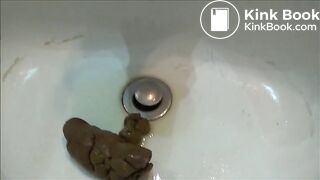 Tegan drops a hard poop into her sink