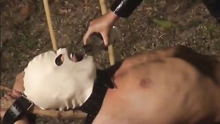 Cruel mistress feeding her male slave
