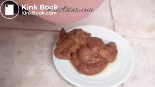 She fills a plate with creamy poo