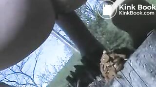 Beautiful blonde poops on a tree stump