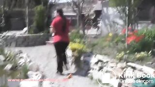 Pooping on her patio steps