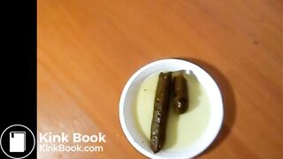 Girl in blue boots poops a big sausage