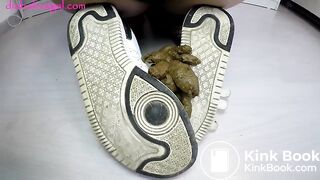 Lady in fishnets poops on her sneakers