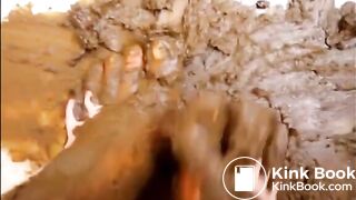 Girl shitting throug the blue jeans and tramples with her feet