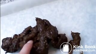 Girl shitting throug the blue jeans and tramples with her feet