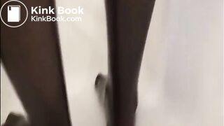 Babe shitting in the bathroom and put her nylon feet on it