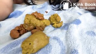 Making a dirty mess on her bedroom floor