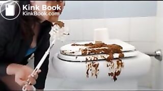 Brunette shitting on the cover of toilet then put her face on it