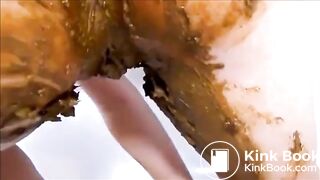 Girl shitting and masturbating with shitty dildo