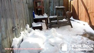 Pooping in a snowy back yard