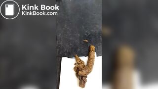 Busty lady births a huge shit