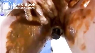 Dirty girl masturbating with a lot of shit and orgasm