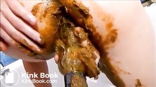 Dirty girl masturbating with a lot of shit and orgasm