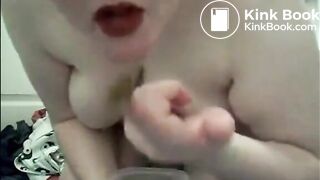 Mature bbw shitting on a plastic bowl and taste shit
