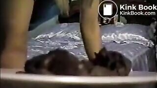 Blonde shitting turd on a plate and pissing on a glass