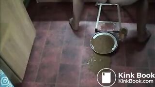 Wife shitting a lot of diarrhea in a white plate and pissing in a glass