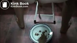 Wife shitting a lot of diarrhea in a white plate and pissing in a glass