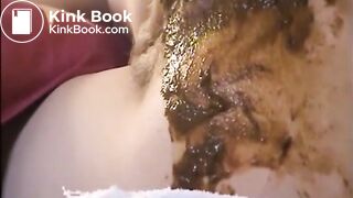 Woman shitting diarrhea while lying on bed and smearing on butt