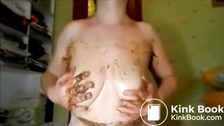 Very dirty woman smearing shit all over her body and masturbating