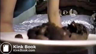 Blonde shitting a big turd on a white plate