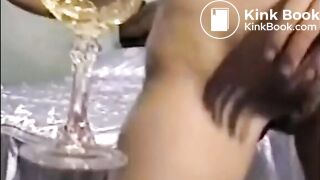 Blonde shitting a big turd on a white plate