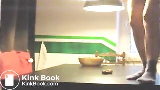 Nerdy girl spread legs and shitting on a table