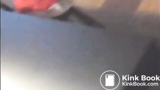 Nerdy girl spread legs and shitting on a table