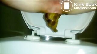 Woman shitting a long turd in the toilet