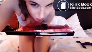 Hot brunette masturbating and shitting on bed